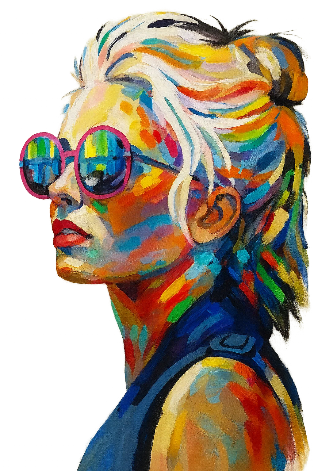 Painted portrait of a creator in pink round sunglasses